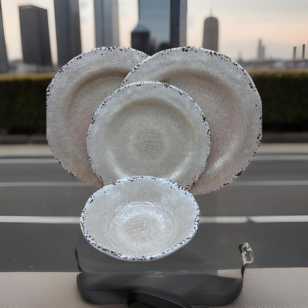 Set of 4 Pier 1 Import Carmelo Cream Crackle Distressed Melamine Plates & Bowl
